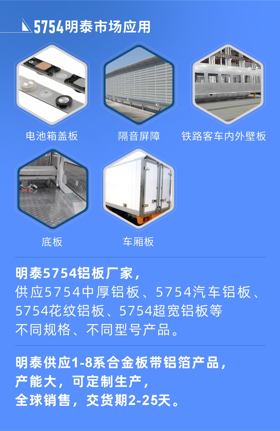 明泰5754铝板优势

　　1、可焊接性能强，焊接裂缝的倾向低，焊缝和基体金属的强度高。

　　2、表面的氧化物较少，轧制板材的表面质量好，光滑无裂纹，无腐蚀斑点和硝盐痕迹。

　　3、5754铝板属于中高强度的铝合金，疲劳性能和耐腐蚀性能好。

　　4、可根据客户需求定制不同厚度、不同版型的5754铝板产品。

　　5754铝板生产以及包装要求
　　1、表面不允许有裂纹、腐蚀斑点和硝盐痕迹。

　　2、表面上允许有深度不超过缺陷所在部位壁厚公称尺寸8%的起皮、气泡、表面粗超和局部机械损伤，但缺陷深度不能超过0.5mm,缺陷总面积不超过板材总面积的5%。

　　3、允许供货方沿型材纵向打光至表面光滑。

　　4、其他要求：有需求方和供货方自己拟定。

