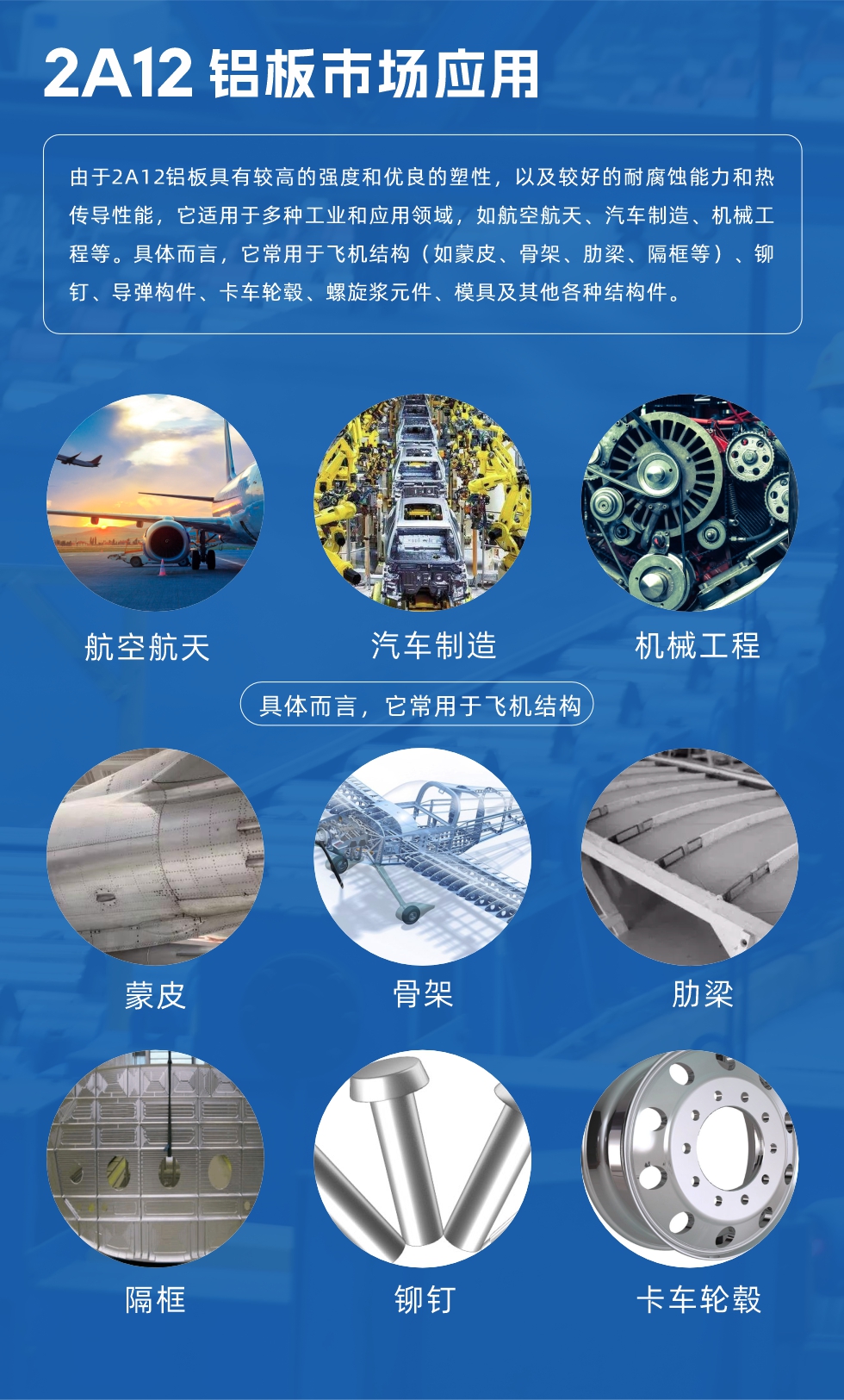 2A12铝板产品用途

由于2A12铝板具有较高的强度和优良的塑性，以及较好的耐腐蚀能力和热传导性能，它适用于多种工业和应用领域，如航空航天、汽车制造、机械工程等。具体而言，它常用于飞机结构（如蒙皮、骨架、肋梁、隔框等）、铆钉、导弹构件、卡车轮毂、螺旋浆元件、模具及其他各种结构件。
